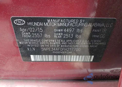 2015 Hyundai Sonata Sport z USA, uszkodzony, nr VIN 5NPE34AF0FH217700